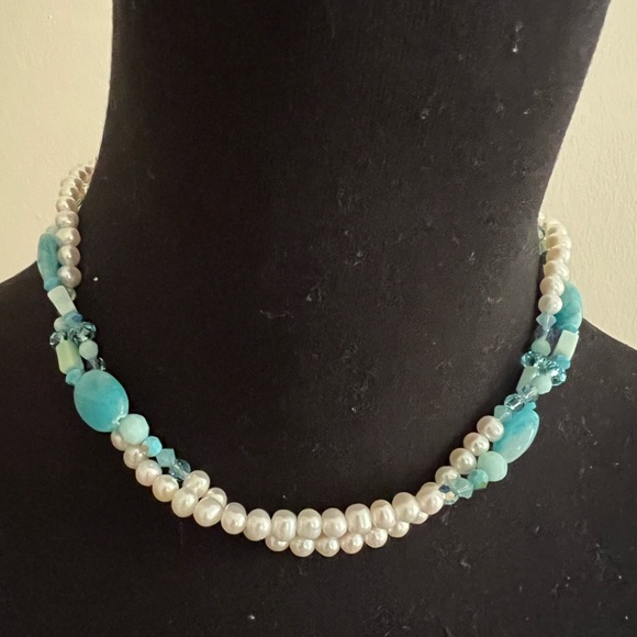 🌸🌸Pearl, Larimar & Swarovski 30” Necklace 🌸🌸 - Picture 2 of 12